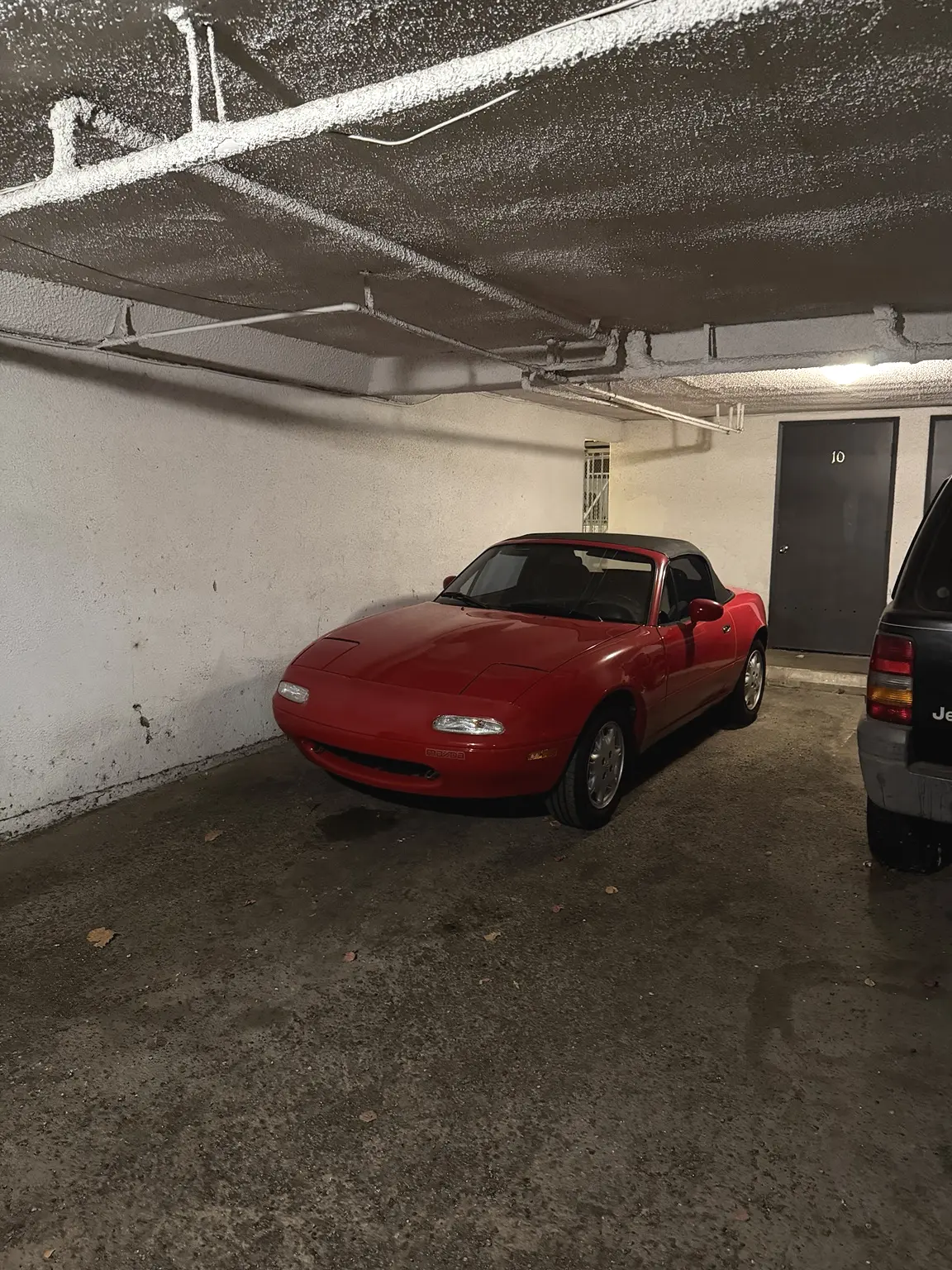 The Miata parked safely at home at the end of the night
